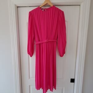 Vintage Monica Richards Pleated Chiffon Blouson Midi Dress Hot Pink Sz 8 Small